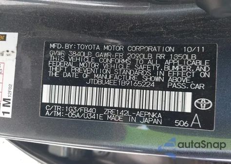 2011 Toyota Corolla Le z USA, uszkodzony, nr VIN JTDBU4EE1B9165224